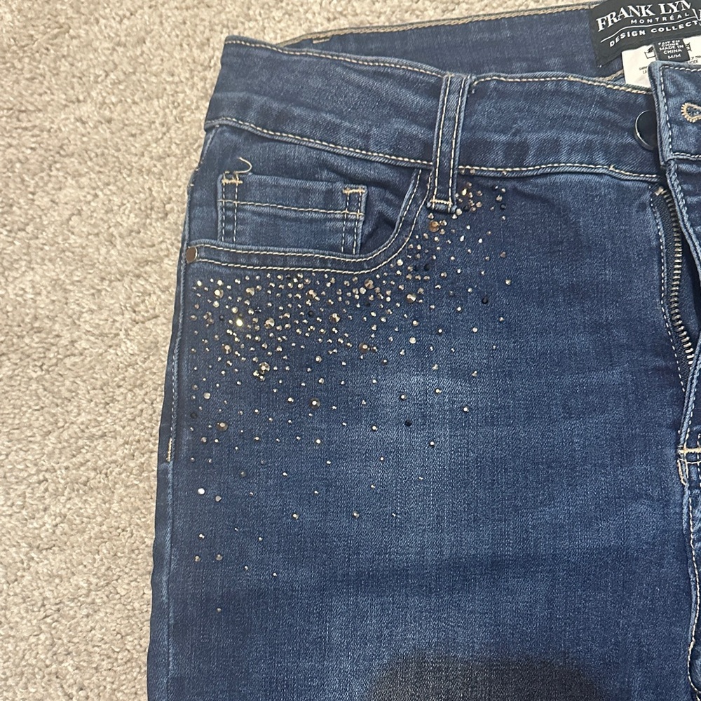 Frank Lyman Design Dark Blue Skinny Jeans with Crystal Accent - Picture 2 of 4